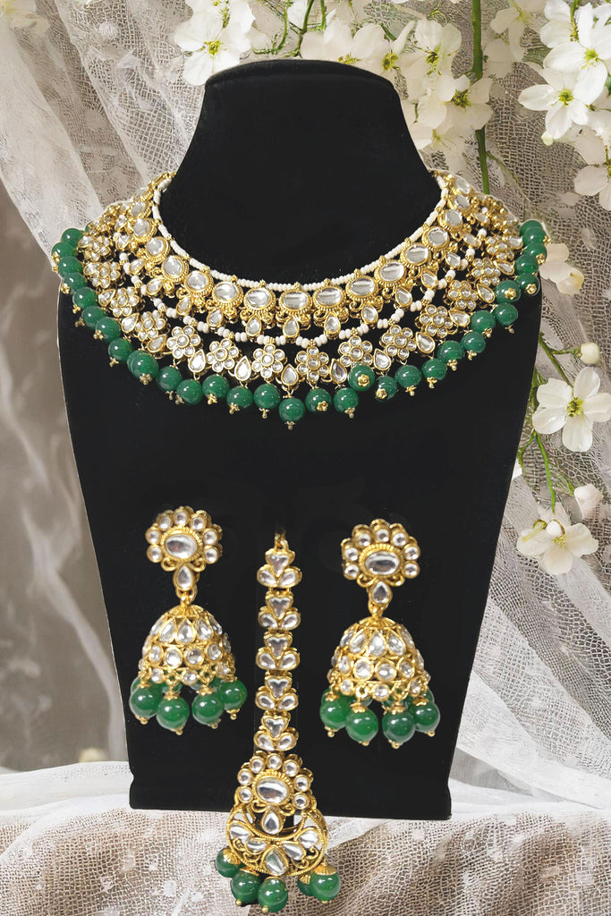Buy Pink And Green Kundan And Beads Studded Choker Necklace Set Online From  Wholesale Salwar.