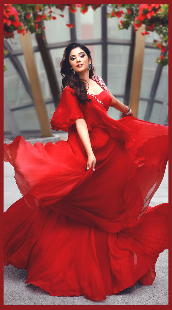 Red satin silk saree gown with black cutdana embroidery on neckline &  waistband - MAPXENCARS